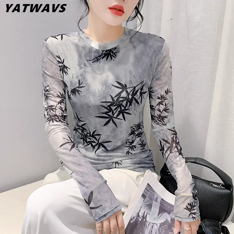 

New European Autumn Women Double-Layer Mesh Long Sleeve T-shirt Vintage Printed Tops Clothes Female Fashion O-Neck Slim Tees