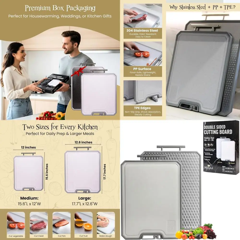

Double-Sided 304 Stainless Steel Cutting Board Set with Knife Sharpener, Non-Slip Groove, Dishwasher Safe - Medium and Large Siz