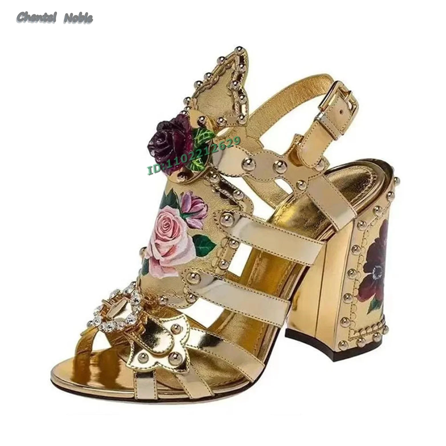 Flowers Print Square High Heels Sandals Round Peep Toe Luxury Design Retro Ankle Strap Buckle Women Shoes Stilettos 2024 New