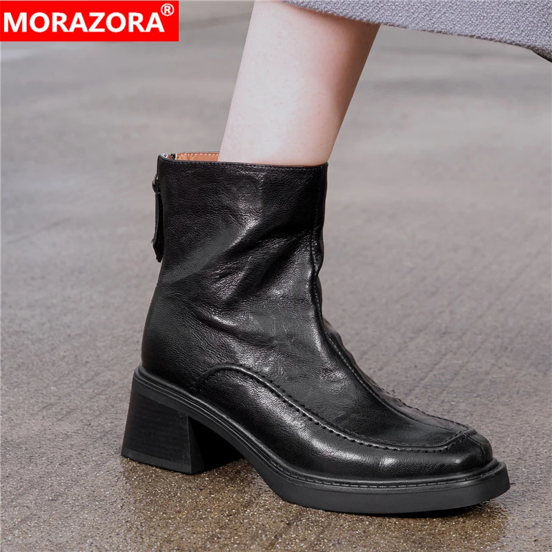 

MORAZORA 2025 New Genuine Leather Boots Women Lace Up Zipper Round Toe British Autumn Winter Ankle Boots Female Shoes