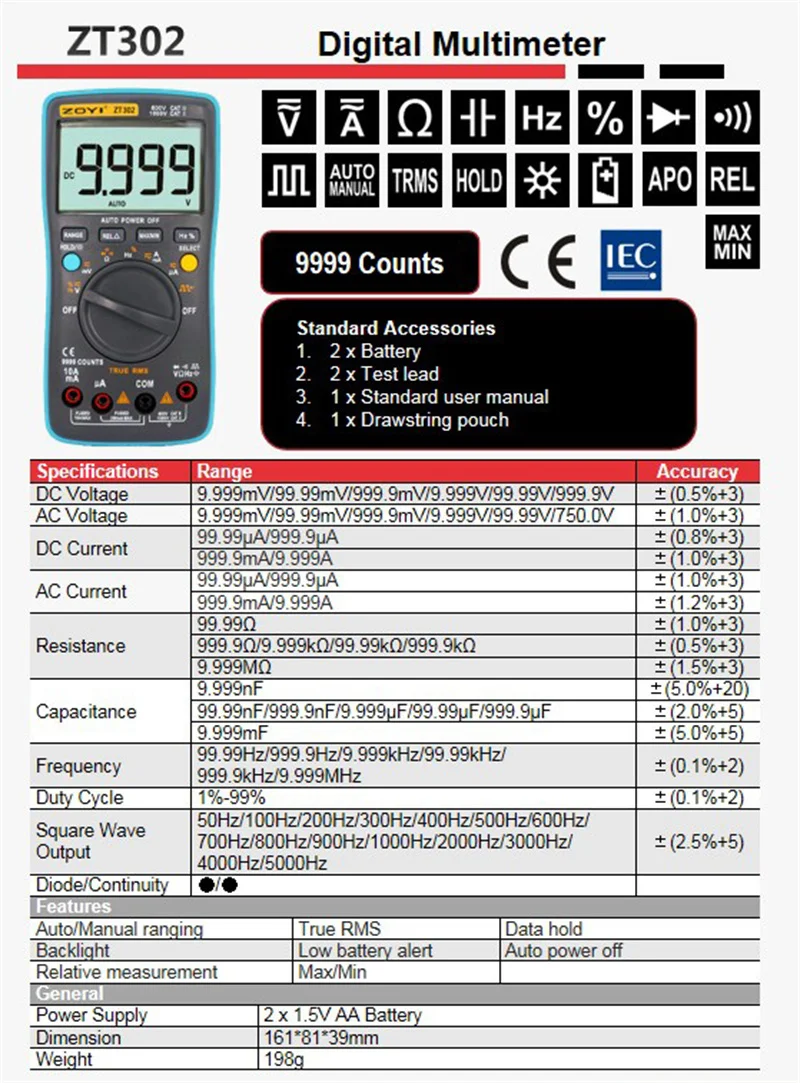 Digital Multimeter ZT 301/302/303 True RMS Auto Range Ammeter Voltmeter Smart Capacitor Temperature NCV Ohm Hz Tester