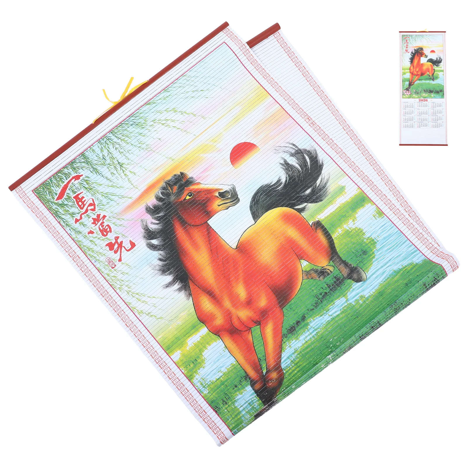 

2026 Horse Year Faux Rattan Hanging Scroll Calendar Traditional Chinese Zodiac Lunar Wall Calendar for Home Office Decoration