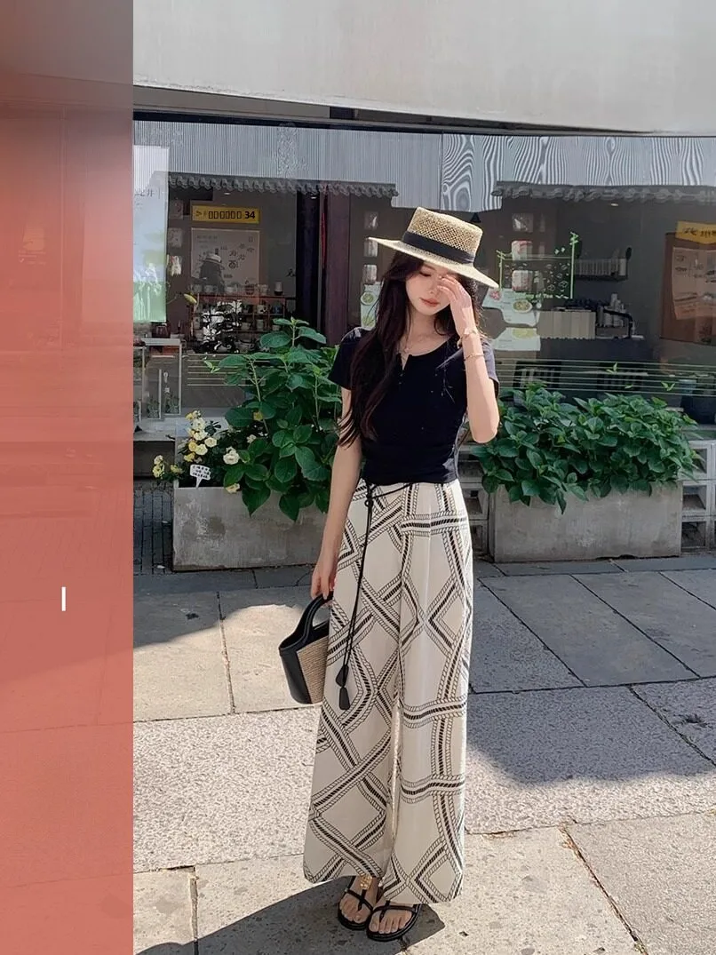 

Huang Zuo Zuo Women's Loose Wide Leg Pants Summer Breathable Casual Straight Cut Pants Draped Comfortable Lazy Print Trousers