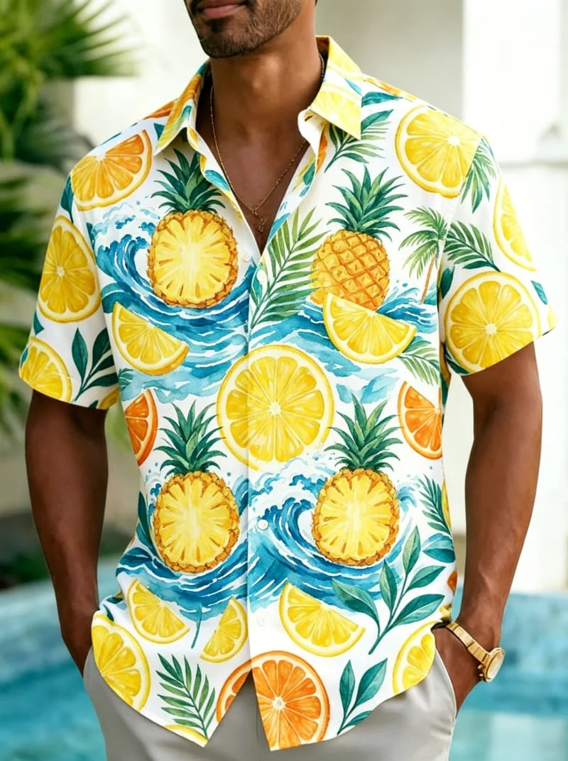 

Мужская рубашка с художественным принтом фруктов и цветов, модная повседневная одежда для лета, пляжных поездок, ежедневных прогулок и уличной моды