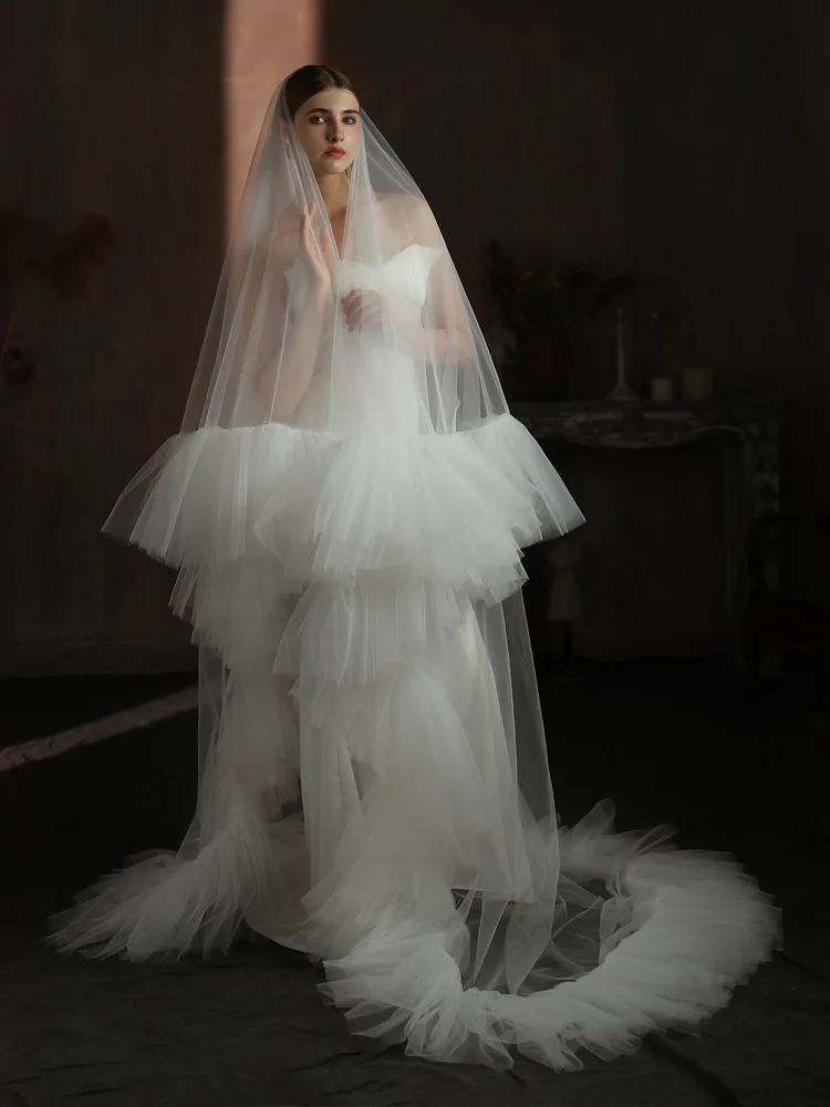 

Fancy Wedding Veils Long Bridal Veils 2 Layers Pleats Tulle Wedding Accessories