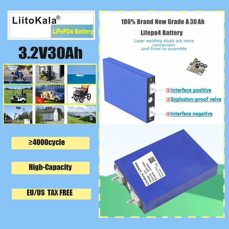 LiitoKala 30Ah 3.2V Lifepo4 Battery Pack 4S 12.8V for Solar Motorcycle Electric Vehicle Lithium Iron Phosphate 1-4PCS Set