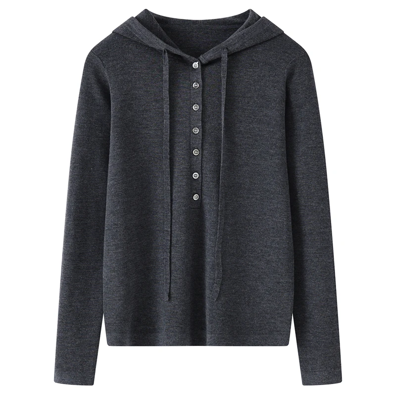 Spring/Autumn Fine Spinning Yangtze Yarn 100% Wool Women's Pullover Loose Knit Sweater Hooded Collar Tops Fashion Button Jumper