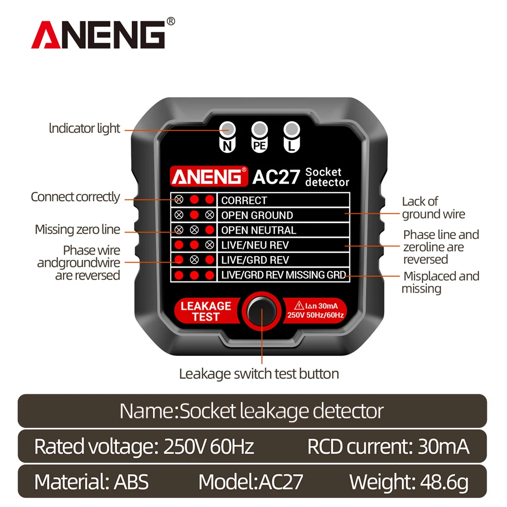 ANENG AC27 Socket Tester Voltage Test Socket Detector Ground Zero Line Polarity Phase Check Tool Circuit Checker  EU Plug