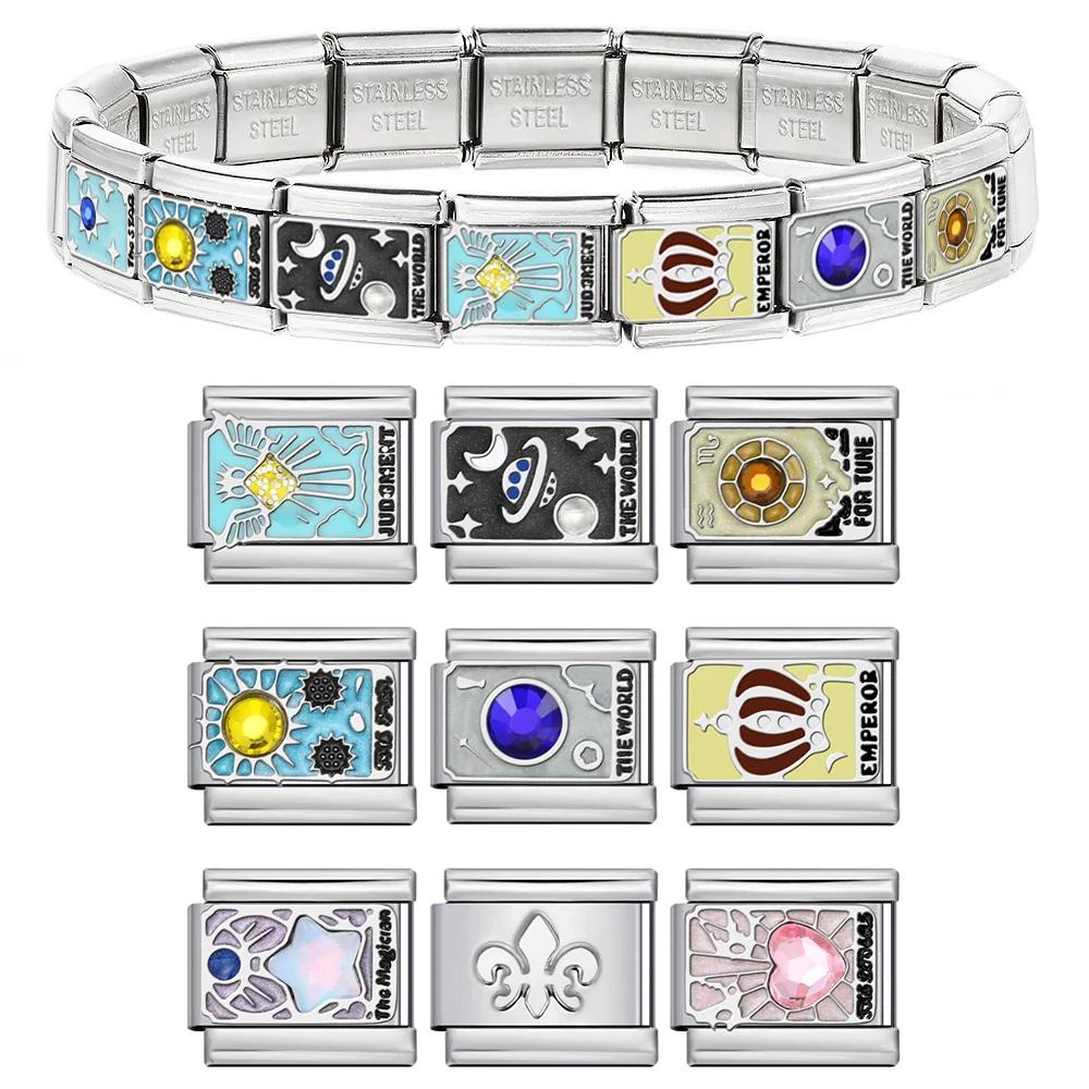 Design Colorful Crown Angel Planet Stainless Steel Link fit 9mm Italian Tarot Card Series Jewelry Making DIY Charm Bracelet Gift