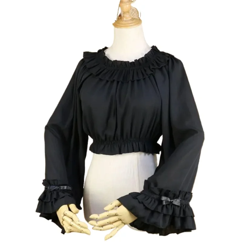 

Girls Casual Bottoming Shirt White Black Top Elegant Long Flare Sleeve Cute Shirt Spring Summer Women Chiffon Short Shirt Blouse