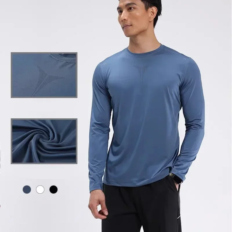 Men Sports Quick-drying Long-sleeved Printed Round Neck T-shirt Breathable Elastic Tights Running Training Gym Fitness Clothes