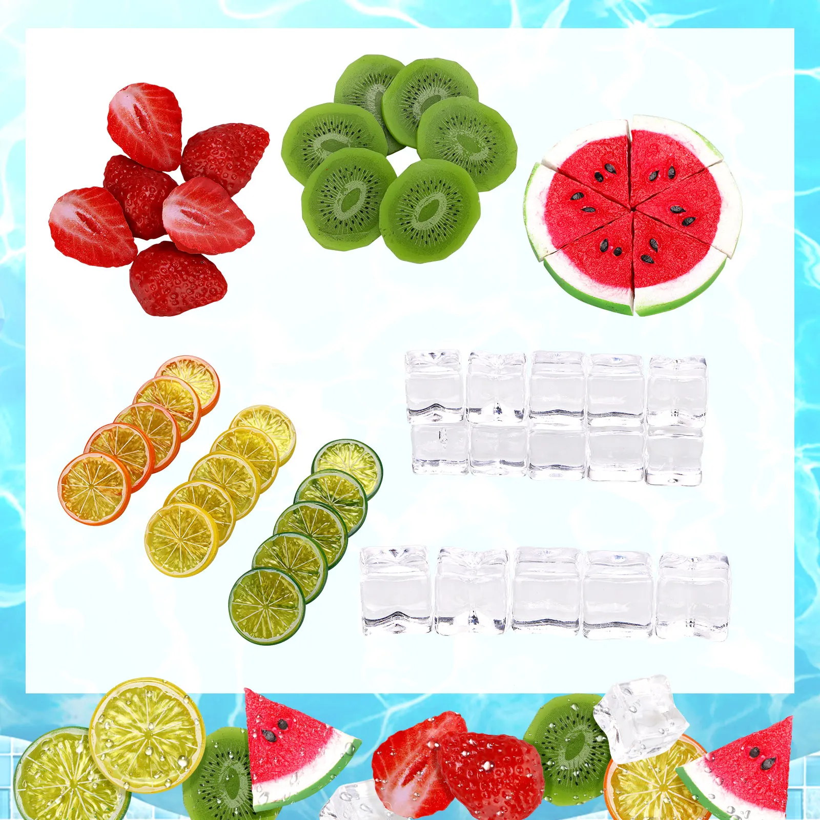 Artificial Fruits Soft PVC Beautiful Green Lemon Strawberries Watermelon Kiwi Simulation Ice Cubes Home Decorations Ornaments