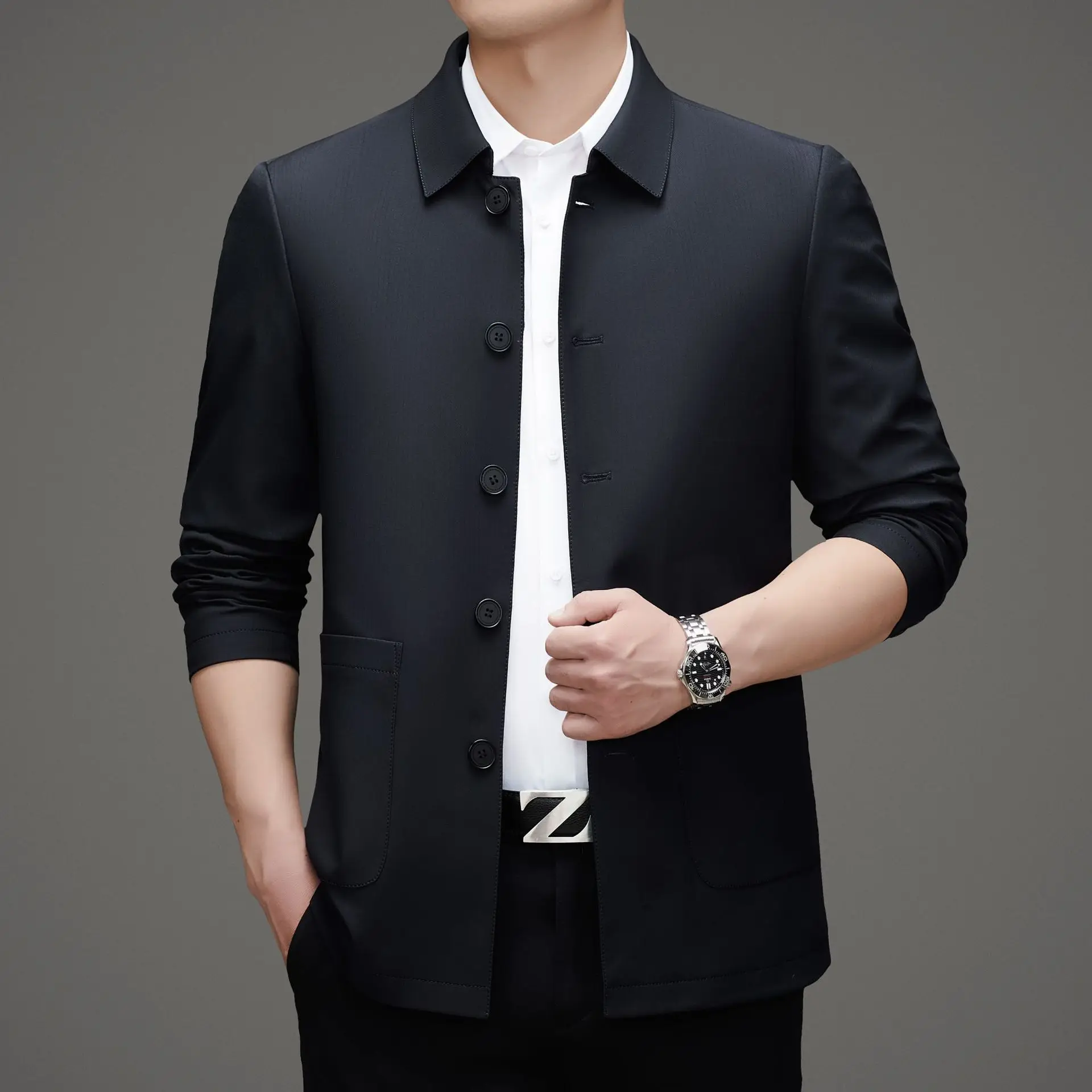 

Men's Busin Casual Loose Fit Thin Jaet Lapel Coat Spring Autumn Color Dad Outerwear Polyester Nylon Cosite Fiber