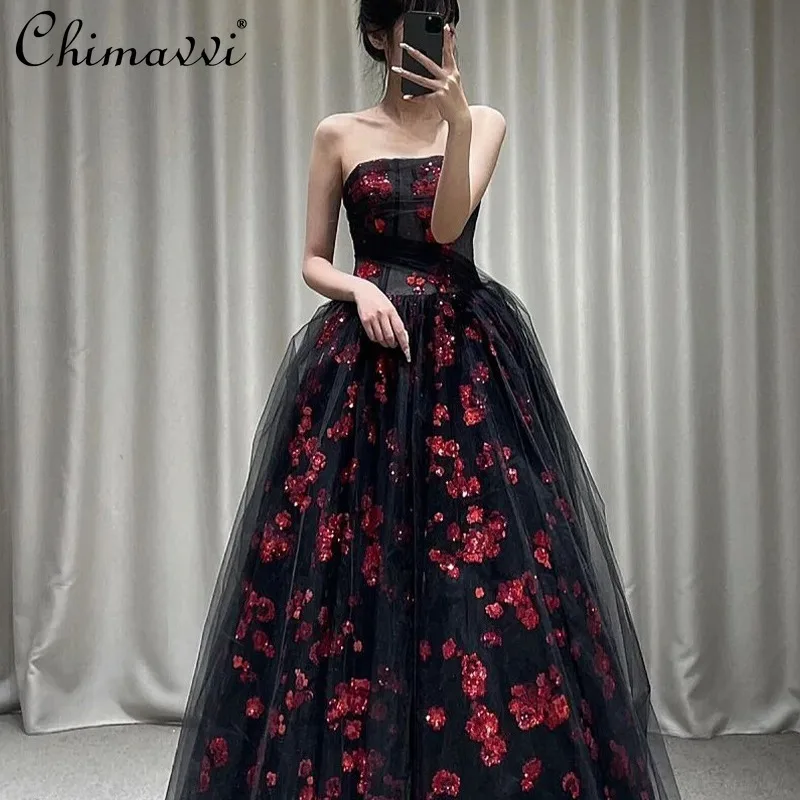 Elegant Luxury Black Lace Embroidered Evening Maxi Dress Sleeveless Engagement Wedding Bride Toast Strapless Long Dress Women