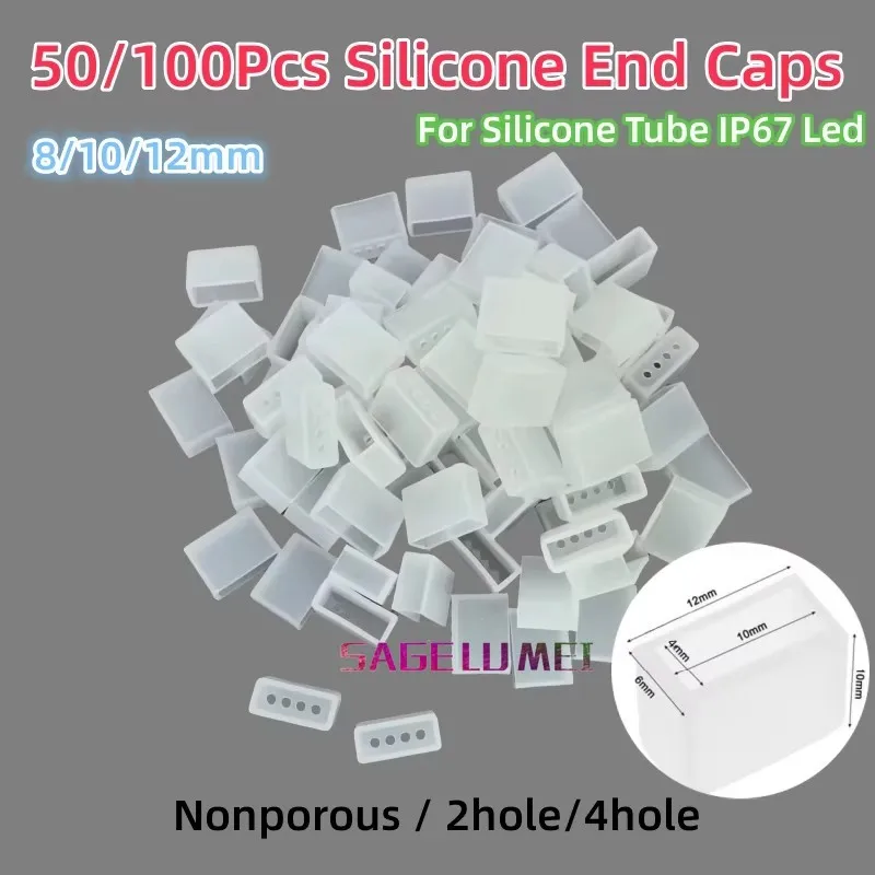 New 50/100Pcs 8mm 10mm 12mm Silicone End Cap No Hole 2 Pin / 4pin Hole for 8/10/12MM PCB IP67 LED Strip Tube Nonporous End Caps