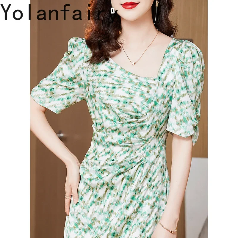 YOLANFAIRY élégant 100% véritable robe en soie de mûrier femme vêtements été 2025 mode robe florale femmes taille haute robe verte