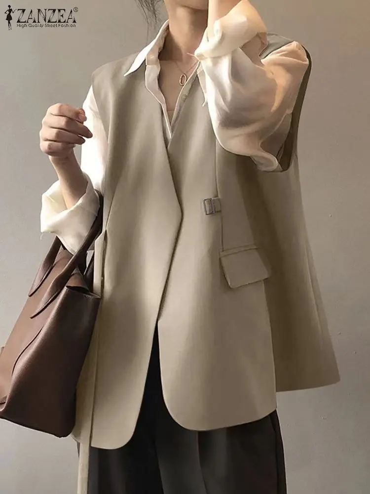 ZANZEA Casual Oversize Work Vests Women Sleeveless Blazer Korean Style V-Neck Suit Coats 2024 Spring Elegant Solid OL Blazer