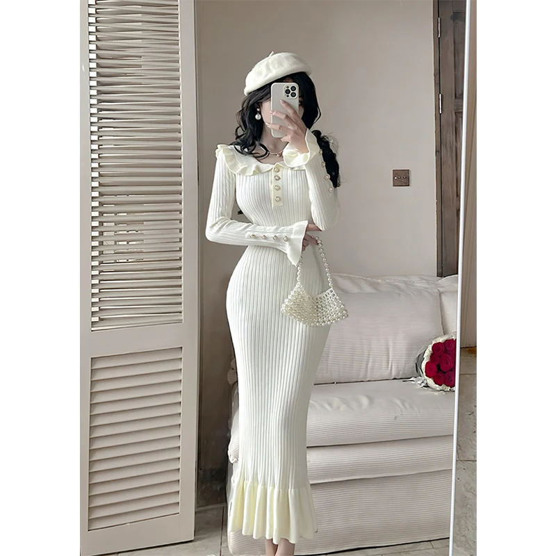 MEXZT Elegant Black Knitted Midi Dress Women Vintage Patchwork Red Mermaid Dresses Winter Korean Bodycon Design Trumpet Vestidos