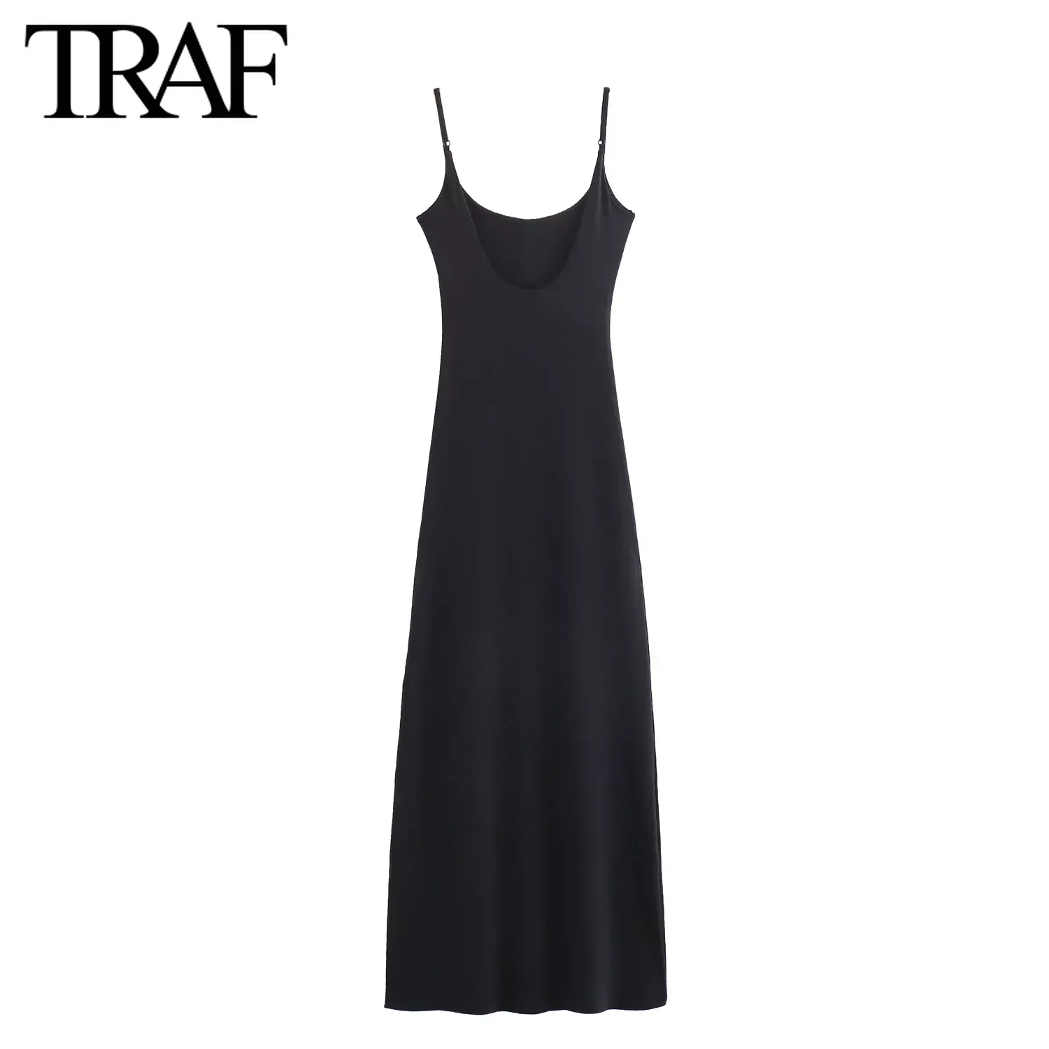 TRAF Women Fashion Summer New Sleeveless Backless O-Neck Fine Sling Long Dress Chic Female French Elegance Evening