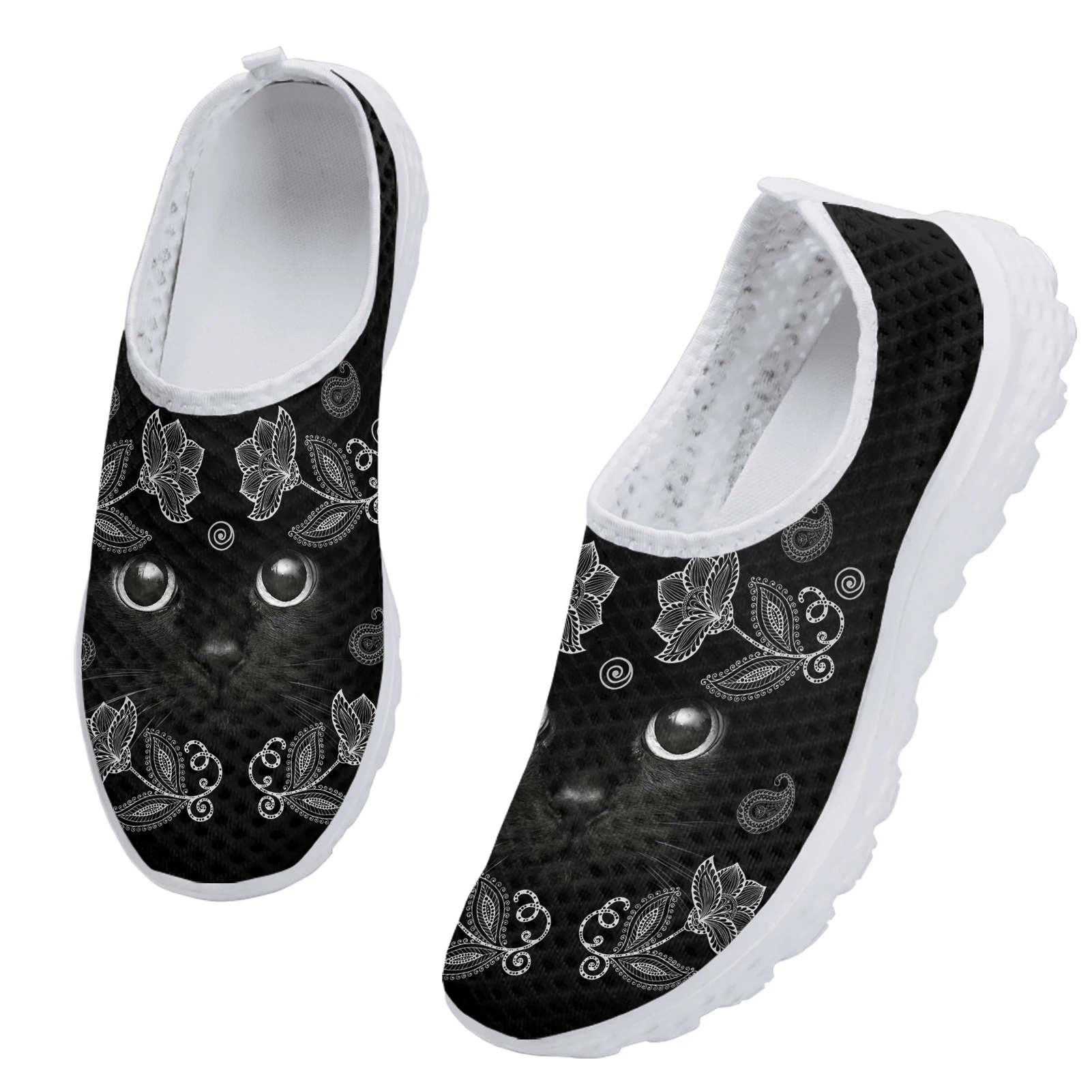 INSTANTARTS Pop Cartoon Black Cat 3D Printing Ladies Loafers Fantasy Floral Print Slip On Footwear Breathable Summer Mesh Shoes