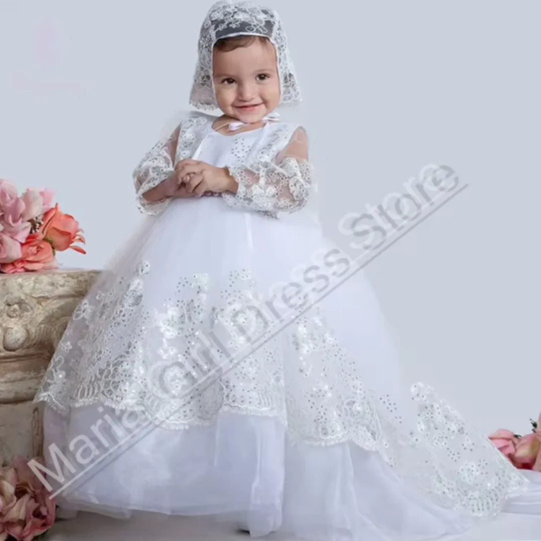 Adorable Flower Girl Dress with Sequin Floral Appliqués Long Sleeves with a Bow Suitable for Weddings Birthday Parties