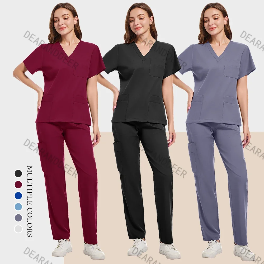 V-neck pure color work clothes dental clinic pet hospital doctor clinical care uniform nurse fashion sports suit top + pants