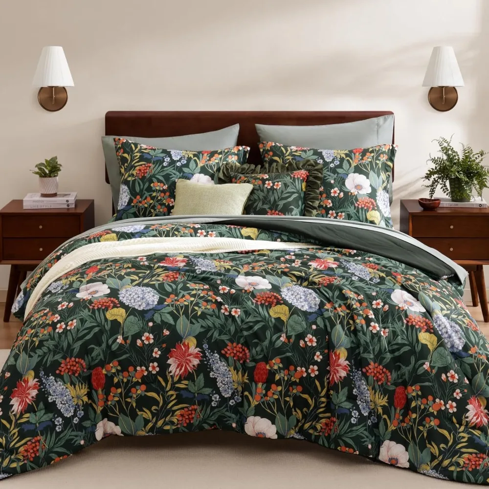 

Green Botanical Floral King Comforter Set - 7-Piece Bedding Ensemble with Flower Print for King Bed