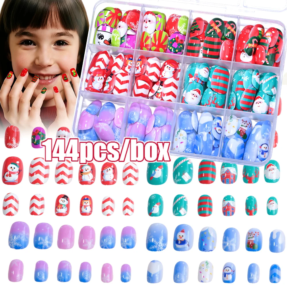 

144pcs Mixed Short Square Kids Christmas Fake Nails Cute Snowman Santa Claus Snowflake Pattern Children Xmas Press on False Nail