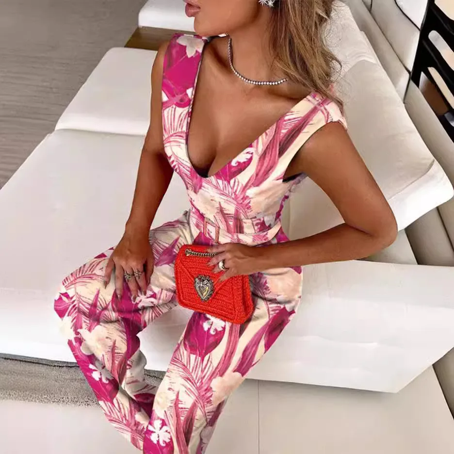 ผู้หญิงฤดูใบไม้ผลิฤดูร้อนJumpsuitพิมพ์สีแขนกุดVคอกางเกงขากว้างเอวสูงสบายๆแฟชั่นสบายปกติFit
