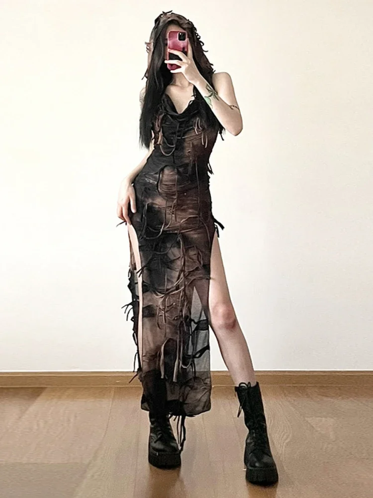 Zomer Streetwear Vrouwen Fee Jurken Y2k Esthetische Basic Split Bodycon Jurk Harajuku Vintage Tie-dye Grunge Vestidos