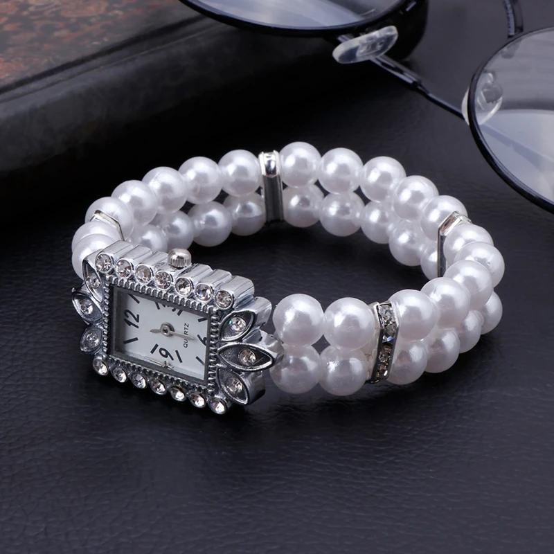 Women Watch Simulated Pearl Rhinestone Luxury Fashion Elegant Wrist Band Bracelet Jewelry Gifts Lady Elastic Charms