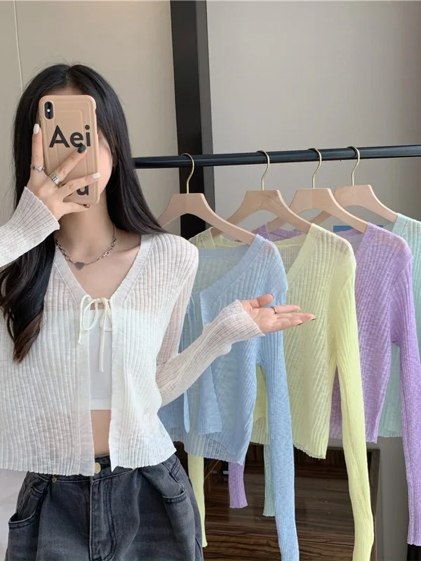 เสื้อคาร์ดิแกนไหมพรมถักทรงหลวม สไตล์ลำลอง สำหรับผู้หญิง สีพื้น คอวี แขนยาว มีเชือกผูก  สำหรับฤดูใบไม้ผลิ