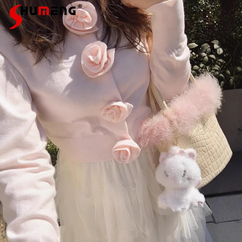 

Japanese Soft Thin Long Sleeves Knitwear Women's O-Neck Knitted Cardigan 3D Handmade Rose Flower On Chest Short Style Sweater