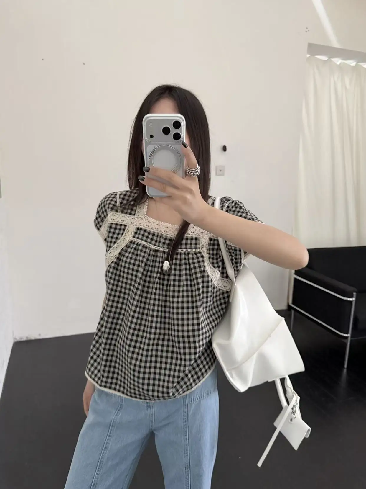 

Lilianouur Vintage Plaid Summer New Loose Fashionable Square Collar Korean Style Shirt Elegant Short Sleeve Women's Blouse