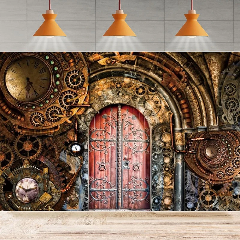 Photography Backdrop Vintage Metallic Mechanical Bronze Clockwork Gears Metal Door Background Nostalgia Style Novelty Banner