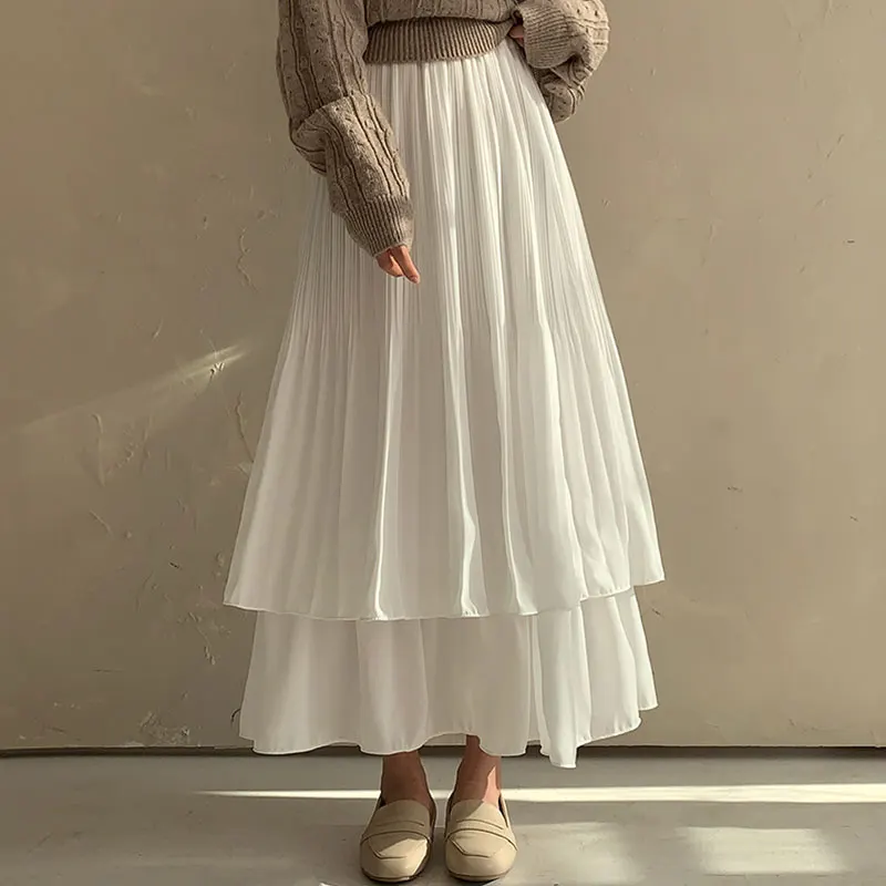 

Chic High Waist Long Cake Skirt Women's Sweet A-Line Midi Skirt Spring Faion Design Pleated Slimming Full Length Gown