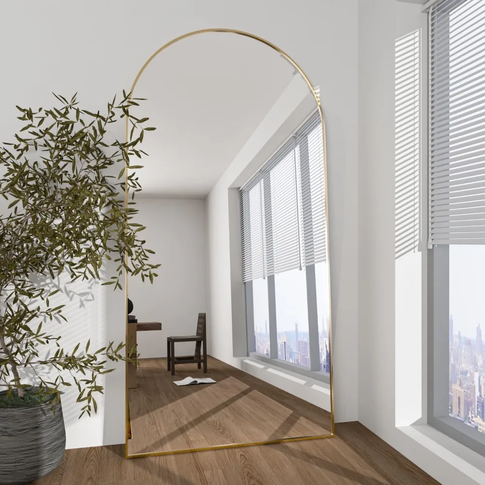 Espelho curvo dourado de comprimento total 193x86 cm, montagem no chão ou na parede, espelho inclinado elegante para beleza e decoração de casa