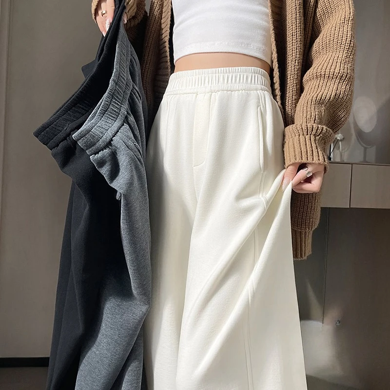Pantalon taille haute en cachemire à jambes larges pour femme, pantalon droit décontracté, élégant, ample, chaud, riz gluant, nouvelle collection automne hiver