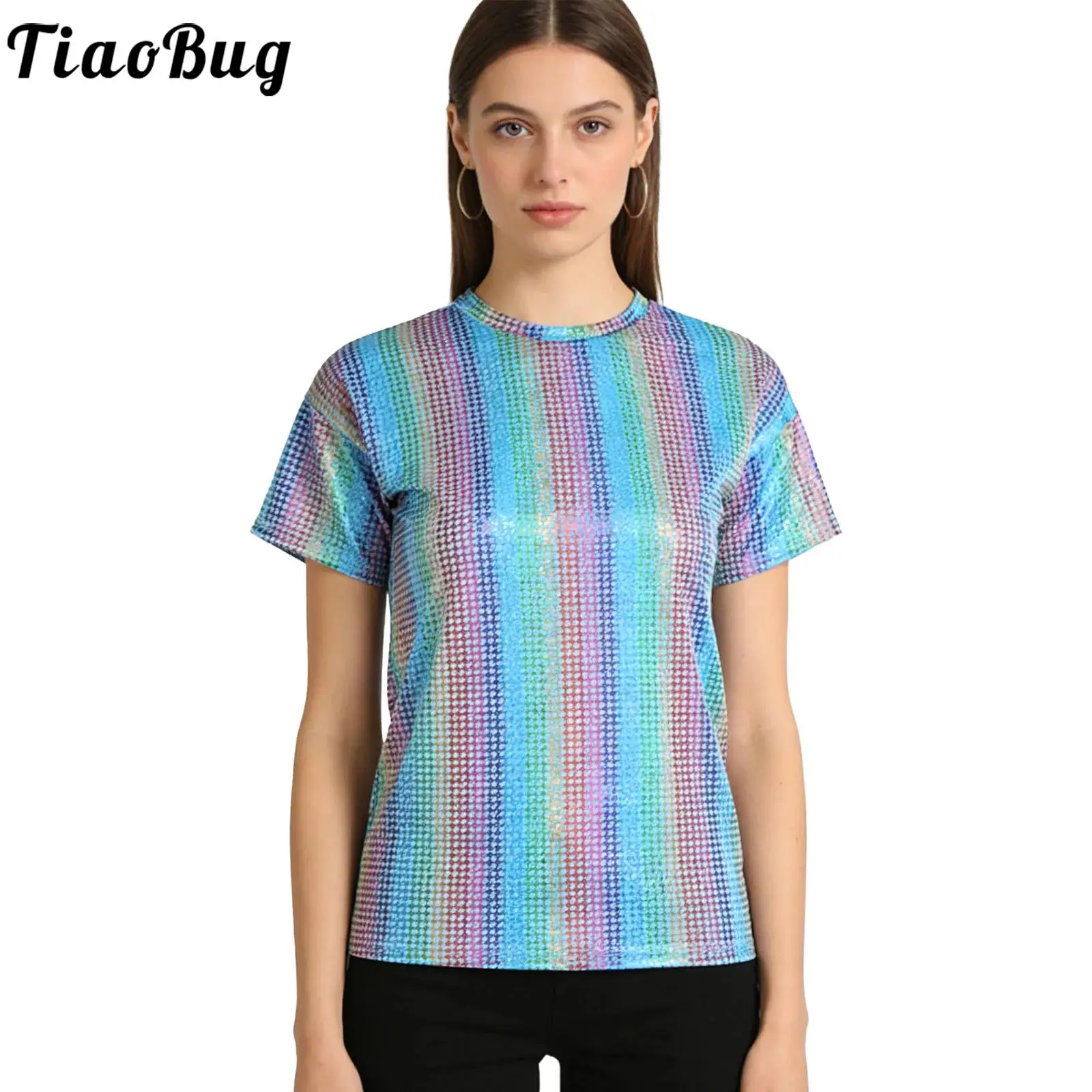 

Футболки унисекс в стиле 80-х с голографическим клетчатым узором, с круглым вырезом, короткий рукав, пуловер, переливающиеся металлизированные топы для танцев, певцов, хоров