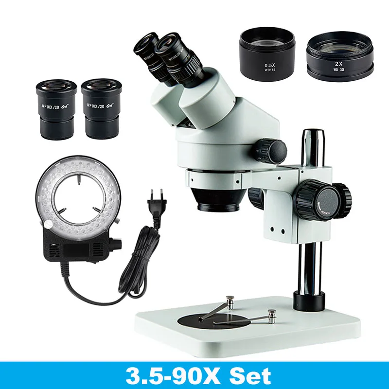 Continuous Zoom Trinocular Stereo Microscope WF10X Eyepiece Metal Binocular Stereo Microscope 7-45X 3.5X-90X For PhoneInspection