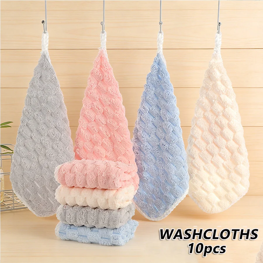 10pcs Coral Velvet Microfiber Square Towel Washcloths Soft Lightweight Absorbent Hanging for Bathroom Cleaning