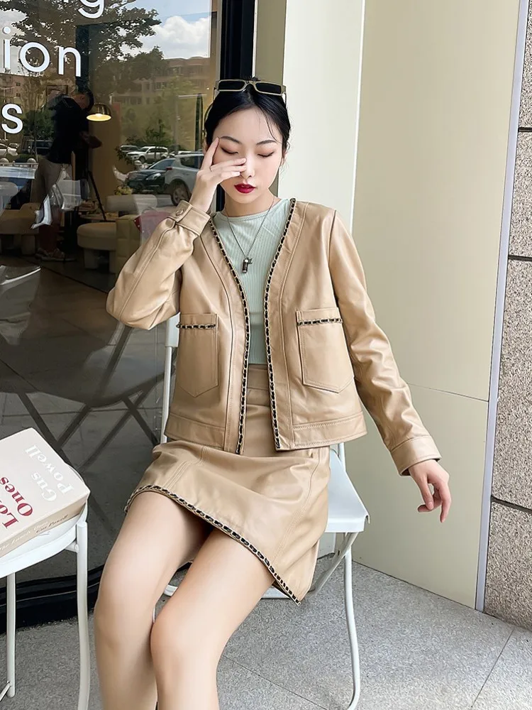 Office Ladies Elegant Cardigan Jacket Chain V-Neck Women Real Sheepskin Genuine Leather Coat Spring Long Sleeve Casual Outerwear