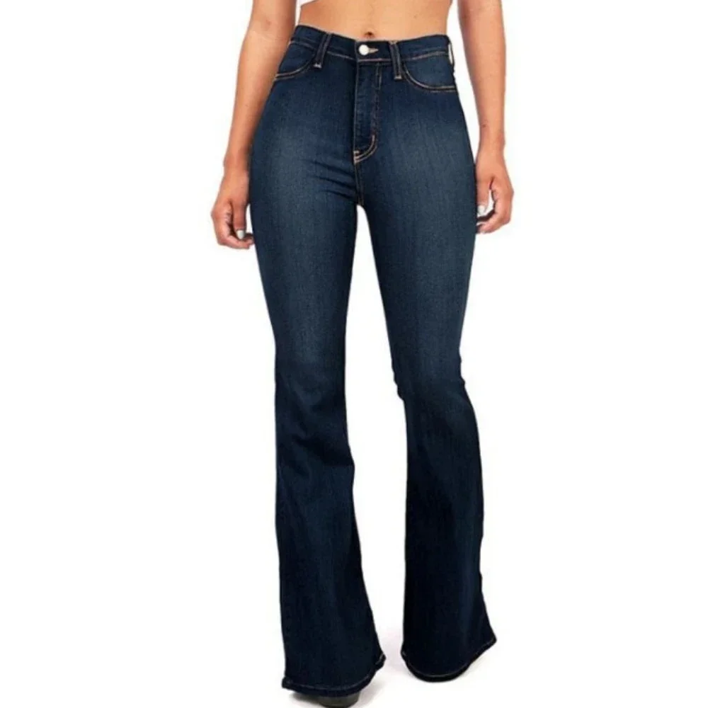 Denim Flare Pants Women Jeans Boot Cut Trousers High Waist Distressed Washed Pockets Vintage Floor Length Streetwear