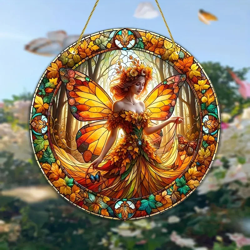 Fairy Suncatcher,Elf Dye Acrylic Translucent Window Hanging Ornament,Round Sign,Window,Home,Room,garden,Yard Decor,Holiday Gift