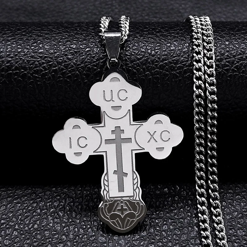 Edelstahl-Halskette mit orthodoxem Kreuz, minimalistisches lateinamerikanisches Kreuz, geknospte russische slawische christliche serbische Talisman-Halskette, Schmuck – Detail 5