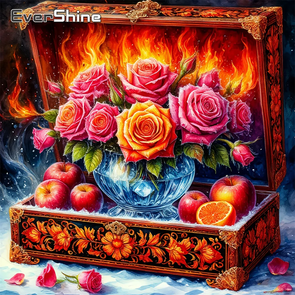 EverShine Diamant-Mosaik-Landschaftsbild mit Vollquadrat-Drucknägeln, Rosenbild aus Strass-Stickerei, Schatztruhe Wandkunst