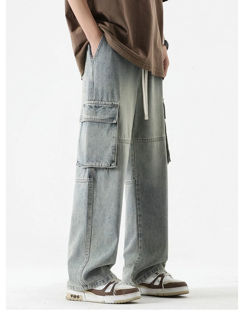 

Японские мужские повседневные модные простые свободные широкие прямые джинсовые брюки с несколькими карманами на шнурке, мужские джинсы, брюки, одежда