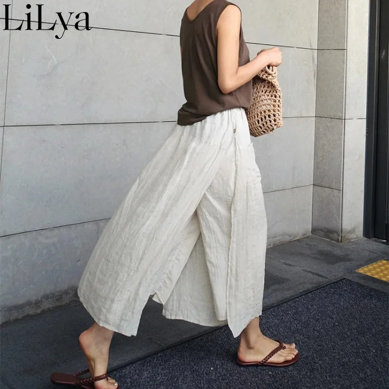 Spring Summer Two-piece Spliced Skirt Pant Women Cotton Linen Slacks Wide-leg Cropped Pants Fashion Chic Women Long Pants Skirt