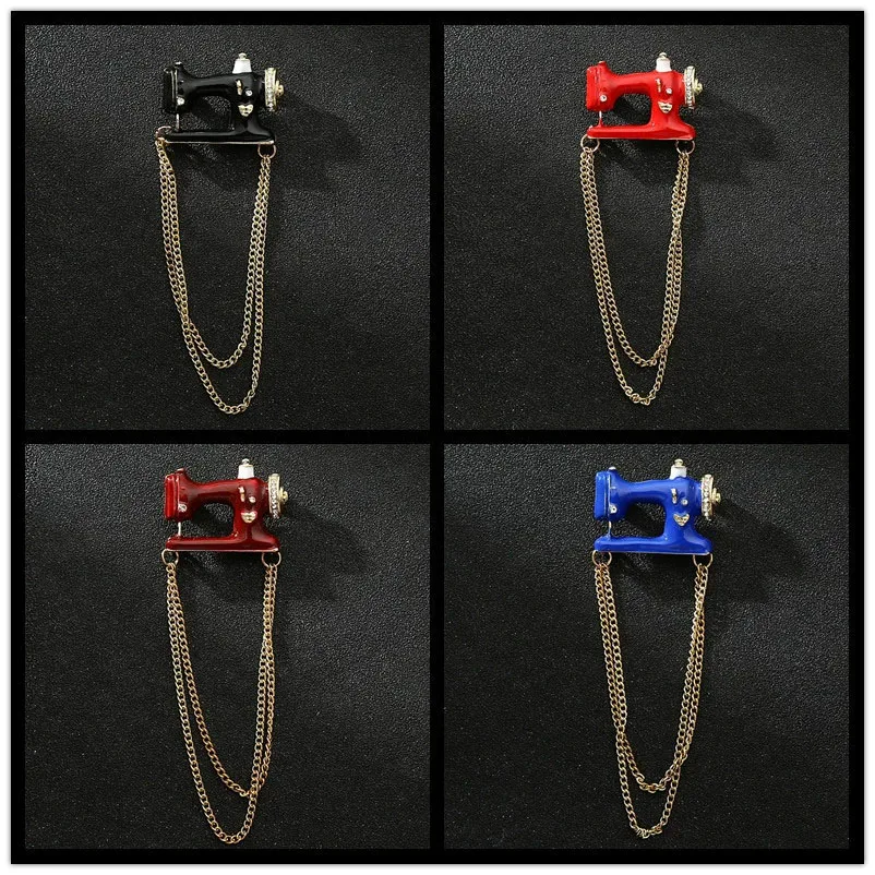 temperament creative sewing machine fringed brooch, men's fashion chain suit personalized accessories brooch