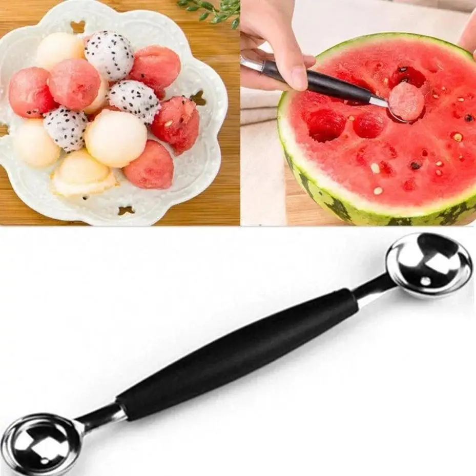 New Multifunctional Fruit Scoop 1Pc Stainless Steel Double Head Watermelon Baller Spoon Kitchen Fruit Vegetable Preparation Tool
